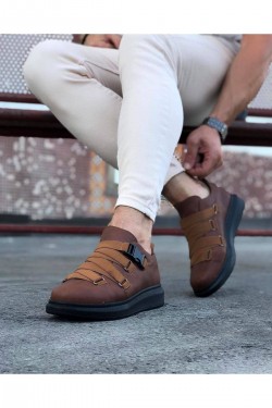 WG033 Erkek Günlük Tokalı Cilt Spor Sneaker Ayakkabı CST - Taba