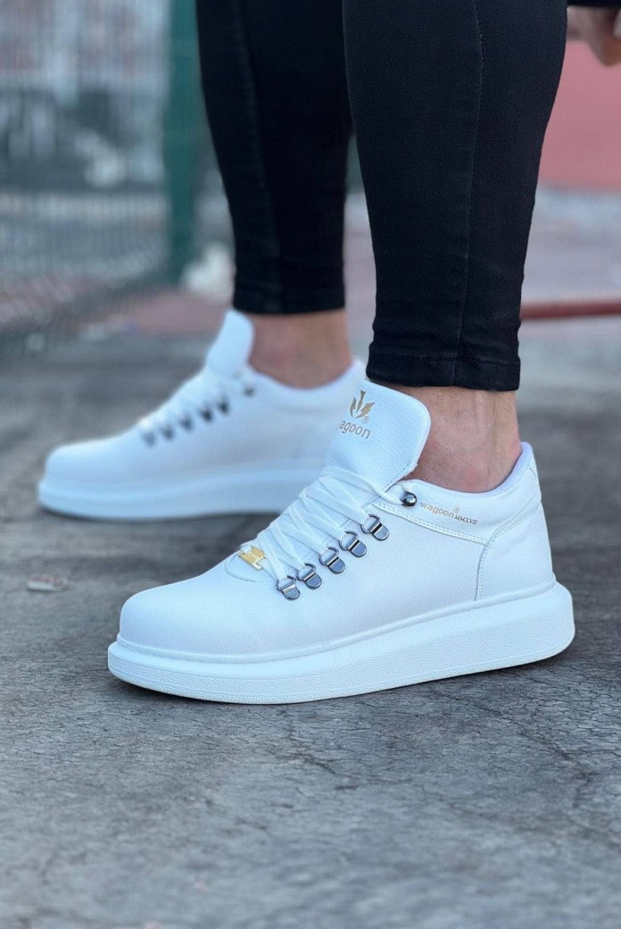WG047 Erkek Günlük Bağcıklı Cilt Spor Sneaker Ayakkabı CBT - Beyaz