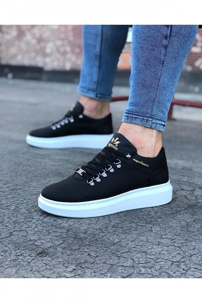 WG047 Erkek Günlük Bağcıklı Cilt Spor Sneaker Ayakkabı CBT - Siyah