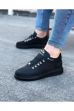 WG047 Erkek Günlük Bağcıklı Cilt Spor Sneaker Ayakkabı CST - Siyah