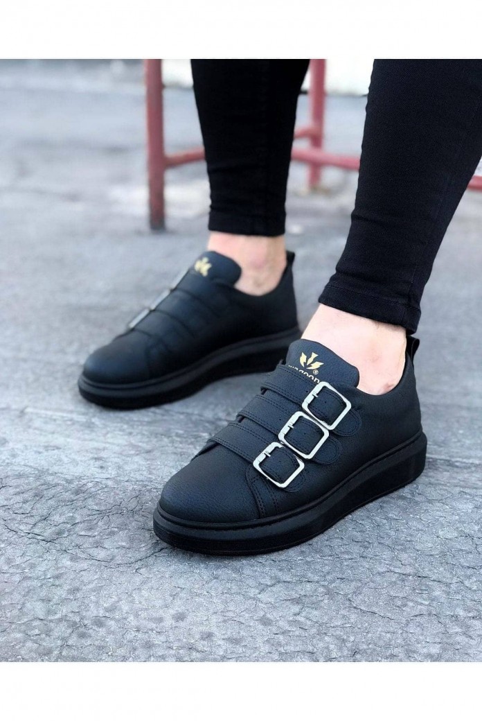 WG050 Erkek Günlük Tokalı Cilt Spor Sneaker Ayakkabı CST - Siyah