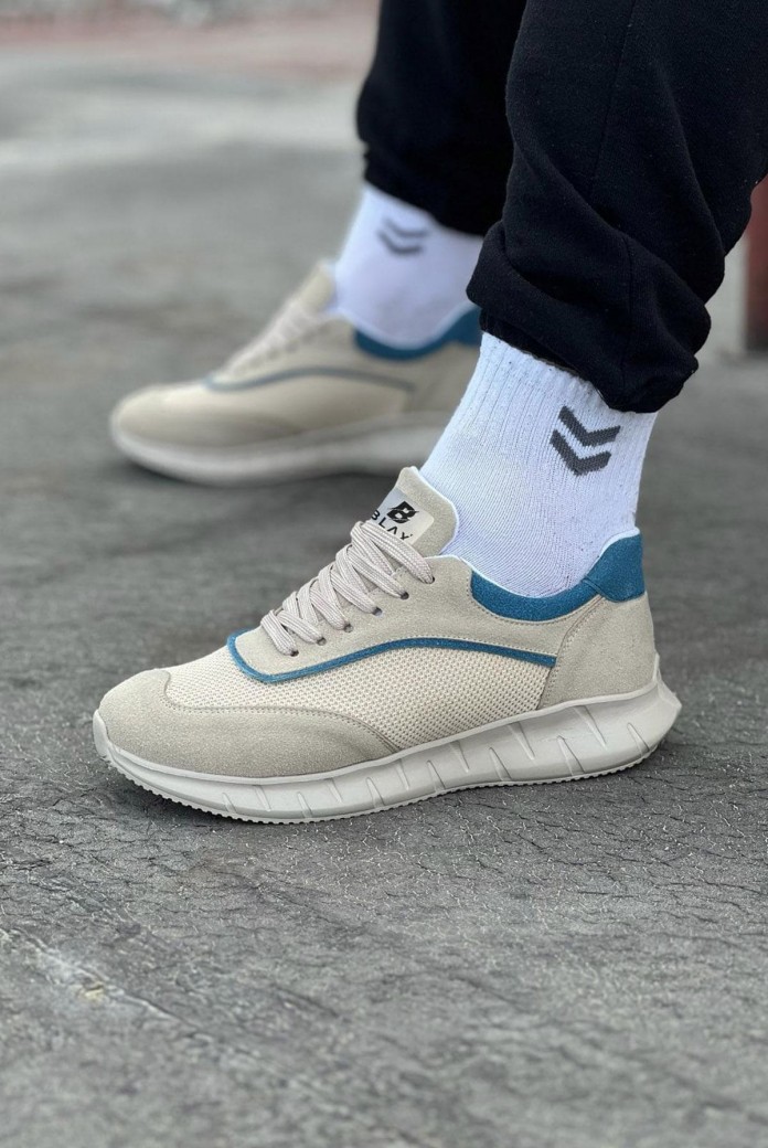 WG062 Erkek Günlük Bağcıklı Cilt Triko Spor Sneaker Ayakkabı CTBT - Bej