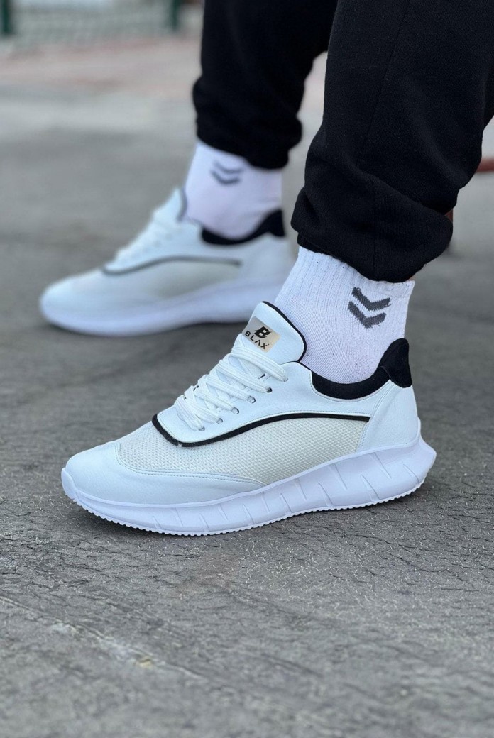 WG062 Erkek Günlük Bağcıklı Cilt Triko Spor Sneaker Ayakkabı CTBT - Beyaz/Siyah