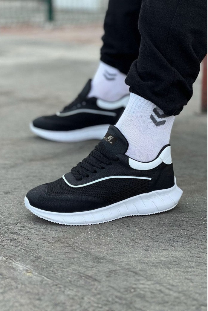 WG062 Erkek Günlük Bağcıklı Cilt Triko Spor Sneaker Ayakkabı CTBT - Siyah/Beyaz