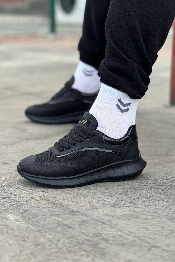 WG062 Erkek Günlük Bağcıklı Cilt Triko Spor Sneaker Ayakkabı CTST - Siyah