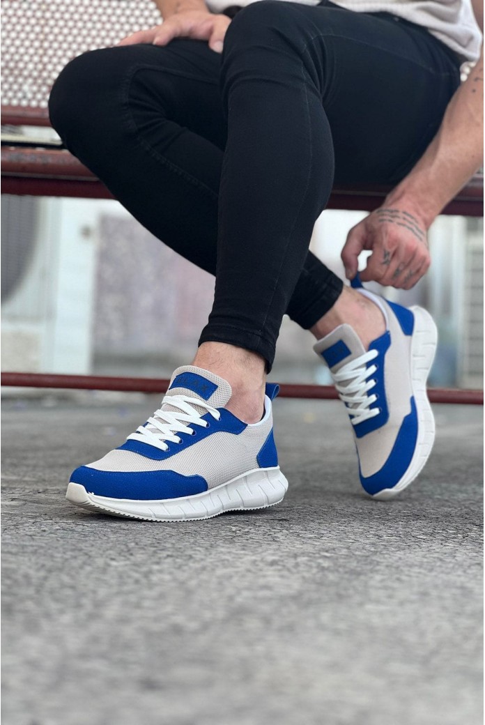 WG063 Erkek Günlük Bağcıklı Triko Süet Spor Sneaker Ayakkabı TSBT - Bej/Mavi