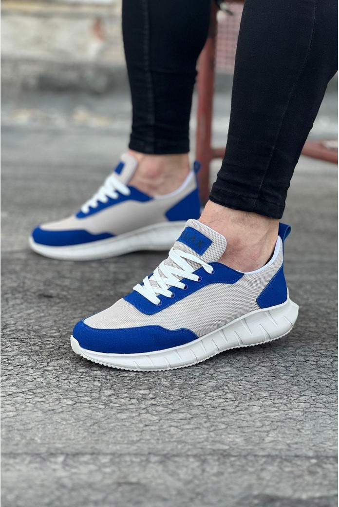 WG063 Erkek Günlük Bağcıklı Triko Süet Spor Sneaker Ayakkabı TSBT - Bej/Mavi