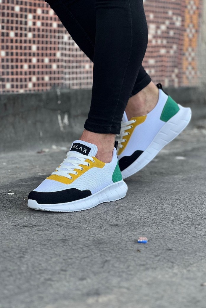 WG063 Erkek Günlük Bağcıklı Triko Süet Spor Sneaker Ayakkabı TSBT - Beyaz/Sarı