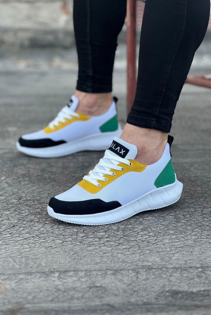 WG063 Erkek Günlük Bağcıklı Triko Süet Spor Sneaker Ayakkabı TSBT - Beyaz/Sarı