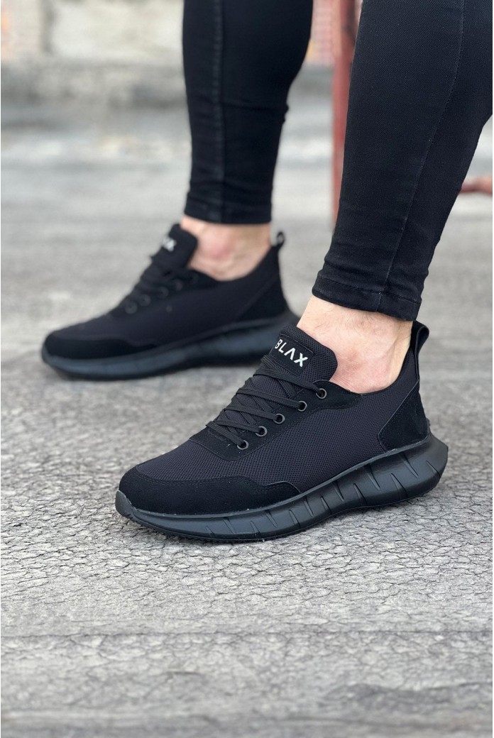 WG063 Erkek Günlük Bağcıklı Triko Süet Spor Sneaker Ayakkabı TSST - Siyah