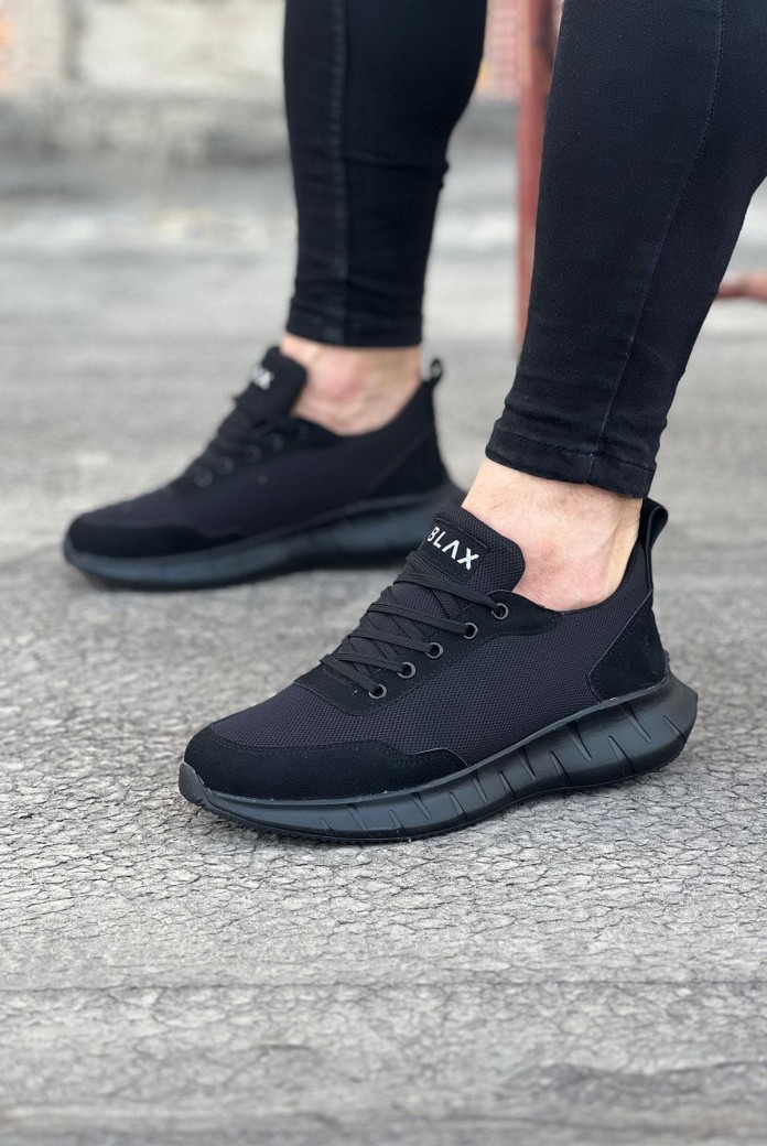 WG063 Erkek Günlük Bağcıklı Triko Süet Spor Sneaker Ayakkabı TSST - Siyah