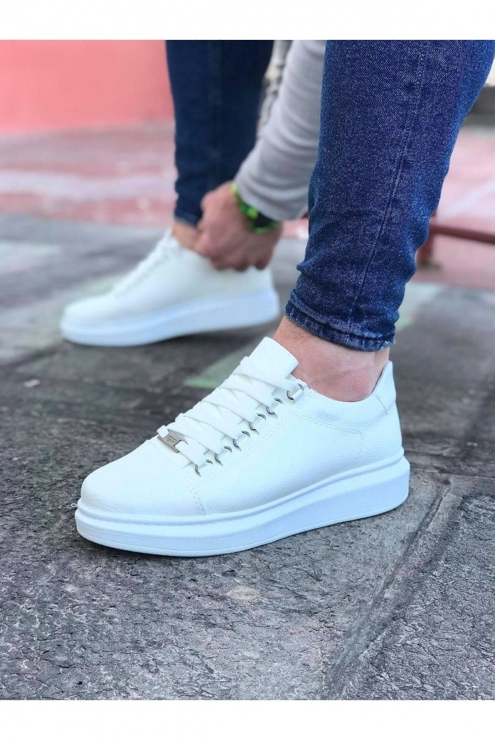 WG08 Erkek Günlük Bağcıklı Cilt Spor Sneaker Ayakkabı CBT - Beyaz