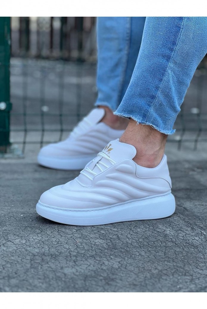WG094 Erkek Günlük Bağcıklı Cilt Spor Sneaker Ayakkabı CBT - Beyaz