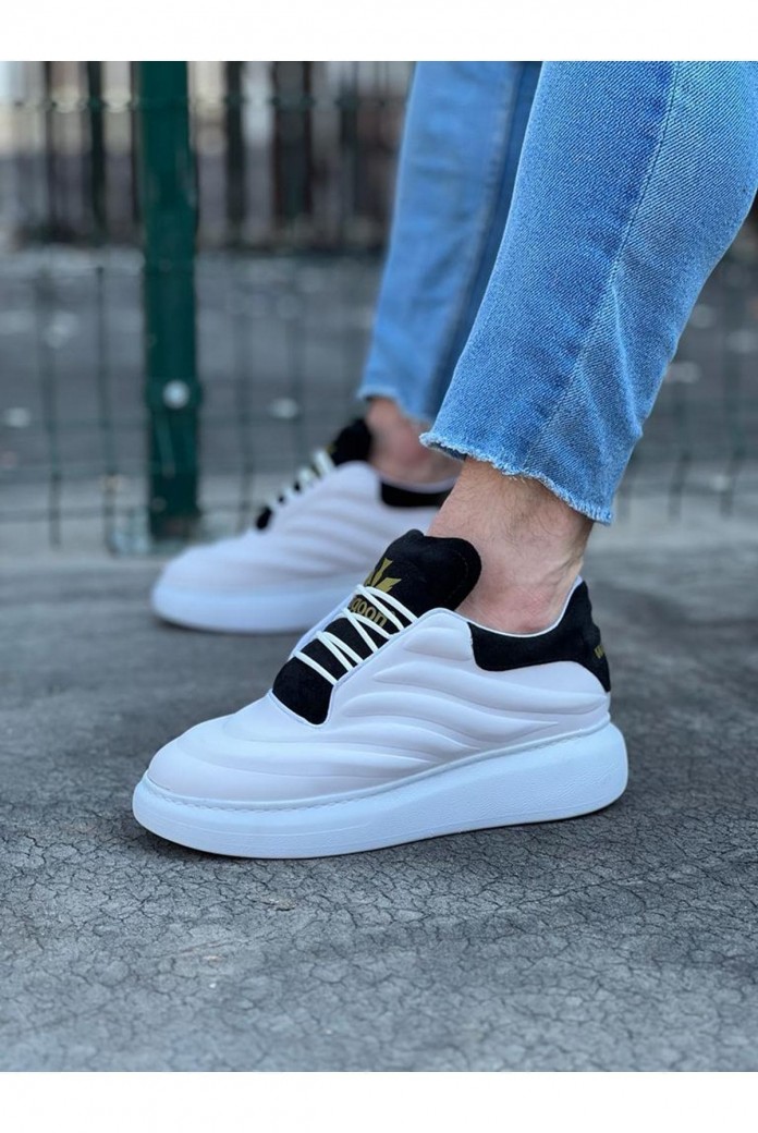 WG094 Erkek Günlük Bağcıklı Cilt Spor Sneaker Ayakkabı CBT - Beyaz/Siyah