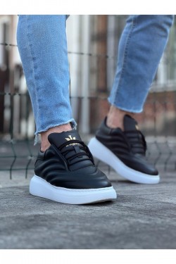 WG094 Erkek Günlük Bağcıklı Cilt Spor Sneaker Ayakkabı CBT - Siyah