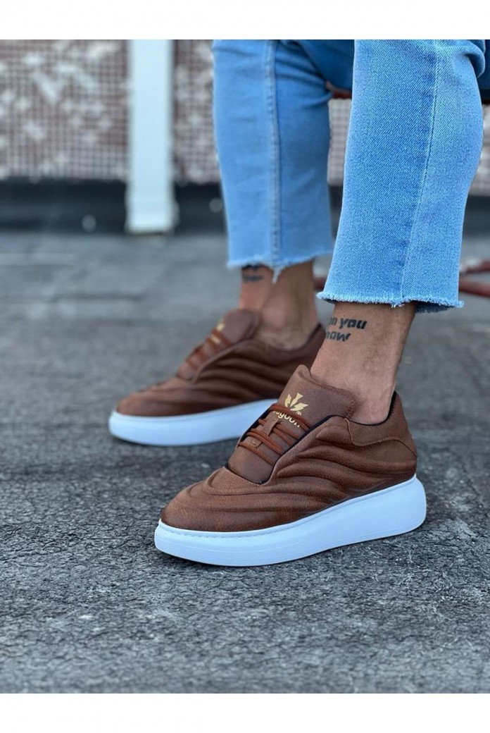 WG094 Erkek Günlük Bağcıklı Cilt Spor Sneaker Ayakkabı CBT - Taba