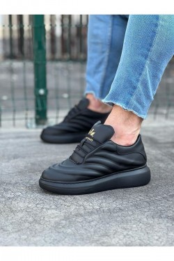 WG094 Erkek Günlük Bağcıklı Cilt Spor Sneaker Ayakkabı CST - Siyah