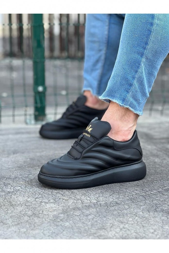 WG094 Erkek Günlük Bağcıklı Cilt Spor Sneaker Ayakkabı CST - Siyah
