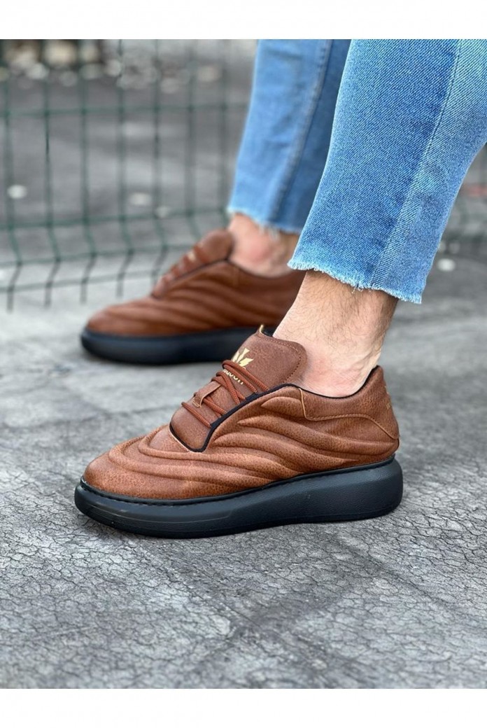 WG094 Erkek Günlük Bağcıklı Cilt Spor Sneaker Ayakkabı CST - Taba