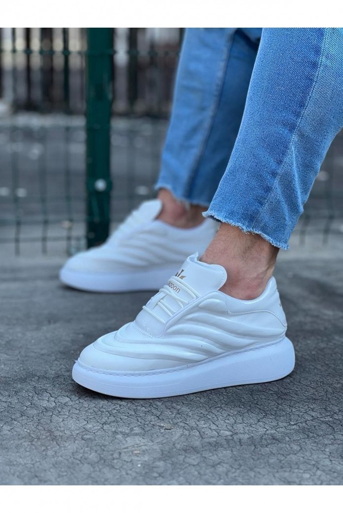 WG094 Erkek Günlük Bağcıklı Rugan Spor Sneaker Ayakkabı RBT - Beyaz