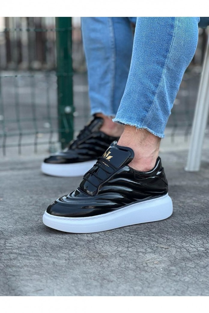 WG094 Erkek Günlük Bağcıklı Rugan Spor Sneaker Ayakkabı RBT - Siyah