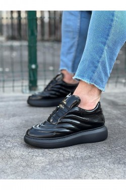 WG094 Erkek Günlük Bağcıklı Rugan Spor Sneaker Ayakkabı RST - Siyah