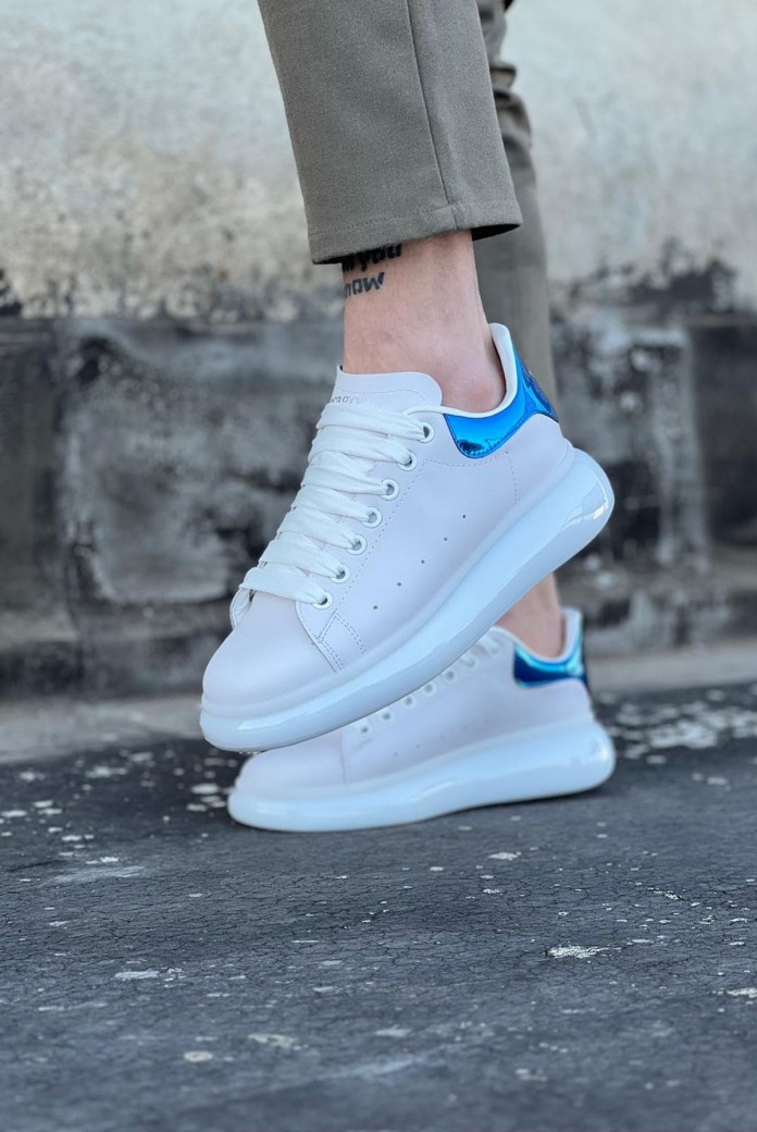 WG095 Erkek Günlük Bağcıklı Cilt Spor Sneaker Ayakkabı CBT - Beyaz/Mavi