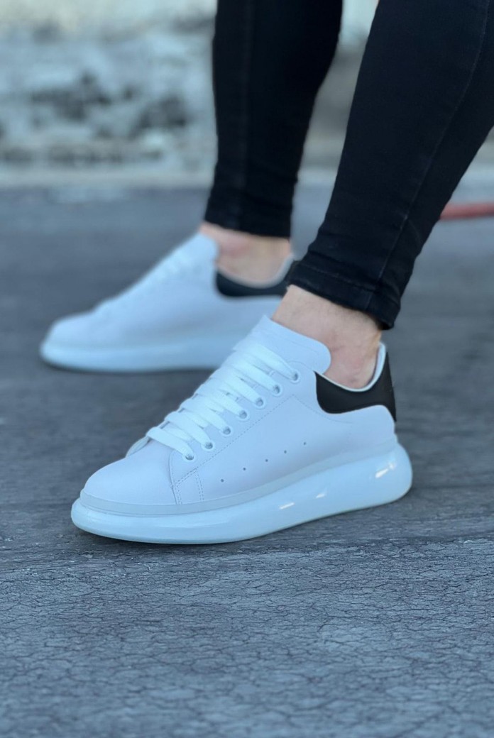 WG095 Erkek Günlük Bağcıklı Cilt Spor Sneaker Ayakkabı CBT - Beyaz/Siyah