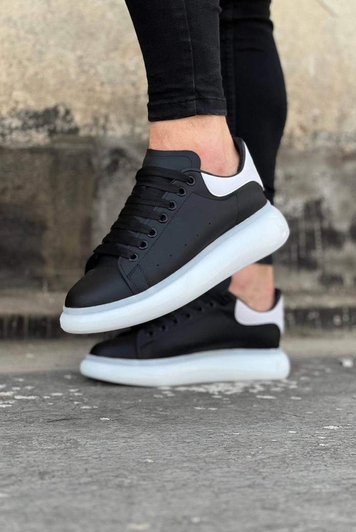 WG095 Erkek Günlük Bağcıklı Cilt Spor Sneaker Ayakkabı CBT - Siyah/Beyaz