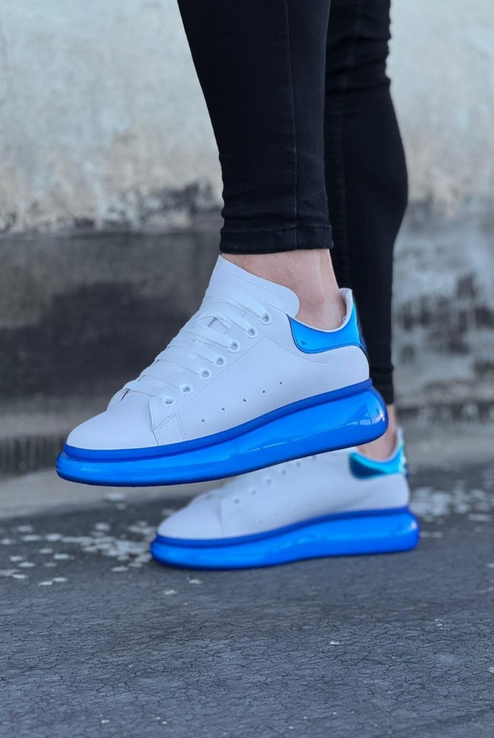 WG095 Erkek Günlük Bağcıklı Cilt Spor Sneaker Ayakkabı CMT - Beyaz/Mavi