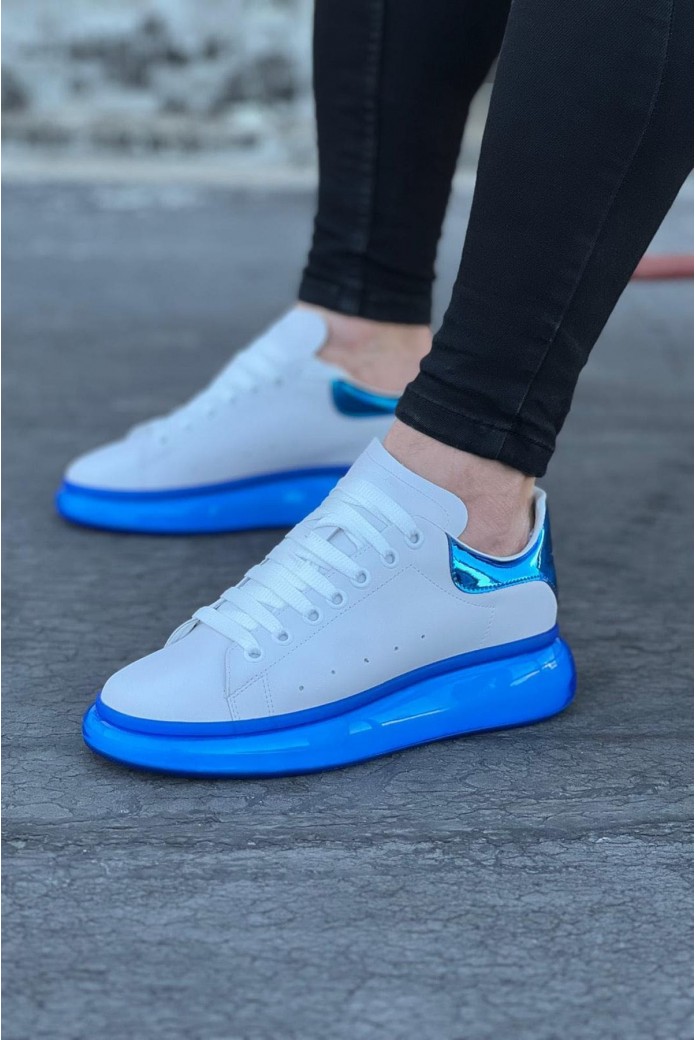 WG095 Erkek Günlük Bağcıklı Cilt Spor Sneaker Ayakkabı CMT - Beyaz/Mavi