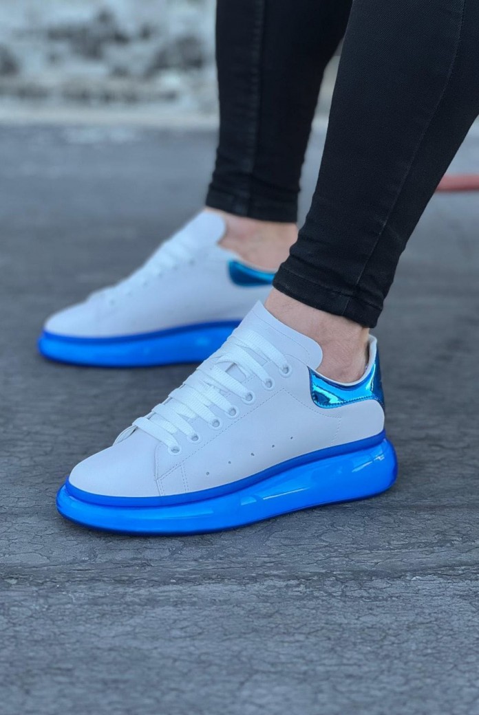 WG095 Erkek Günlük Bağcıklı Cilt Spor Sneaker Ayakkabı CMT - Beyaz/Mavi
