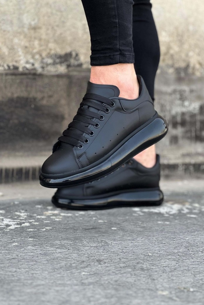 WG095 Erkek Günlük Bağcıklı Cilt Spor Sneaker Ayakkabı CST - Siyah
