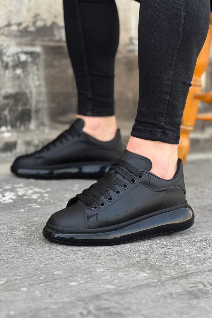 WG095 Erkek Günlük Bağcıklı Cilt Spor Sneaker Ayakkabı CST - Siyah