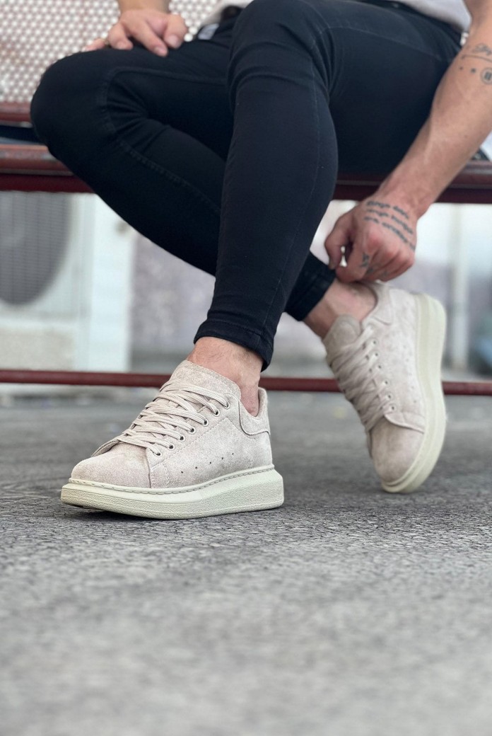 WG096 Erkek Günlük Bağcıklı Süet Spor Sneaker Ayakkabı SBT - Bej