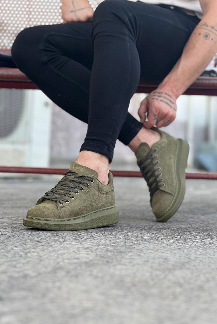 WG096 Erkek Günlük Bağcıklı Süet Spor Sneaker Ayakkabı SHT - Haki