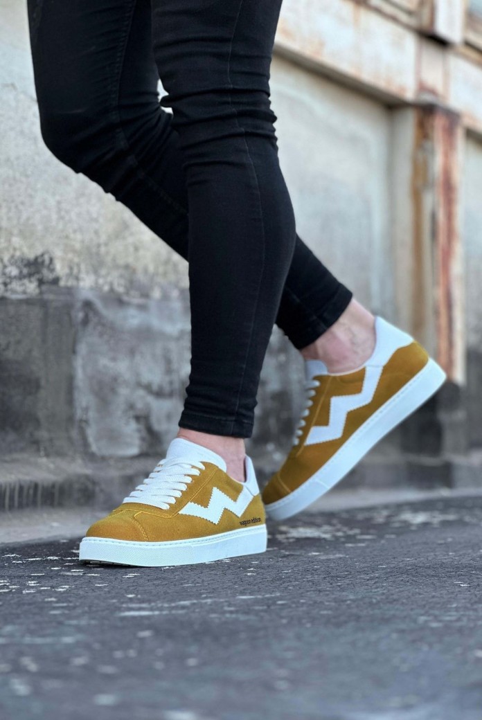 WG160 Erkek Günlük Bağcıklı Süet Cilt Spor Sneaker Ayakkabı SCBT - Sarı/Beyaz