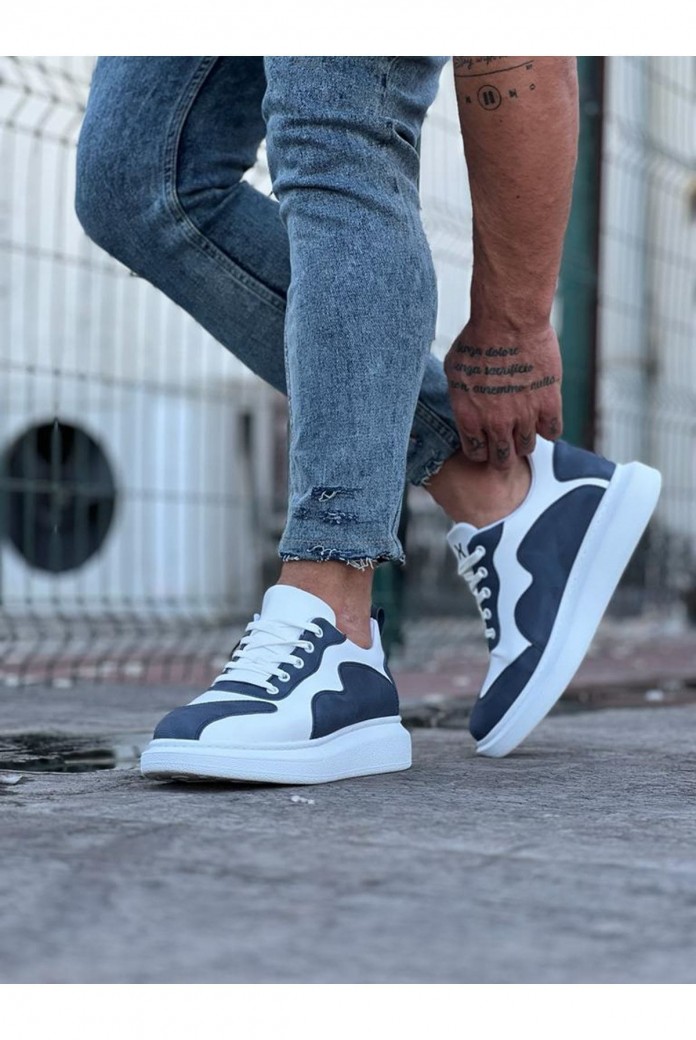 WG301 Erkek Günlük Bağcıklı Cilt Spor Sneaker Ayakkabı CBT - Beyaz/Mavi