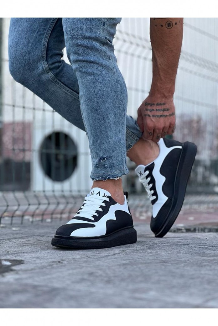 WG301 Erkek Günlük Bağcıklı Cilt Spor Sneaker Ayakkabı CST - Siyah/Beyaz
