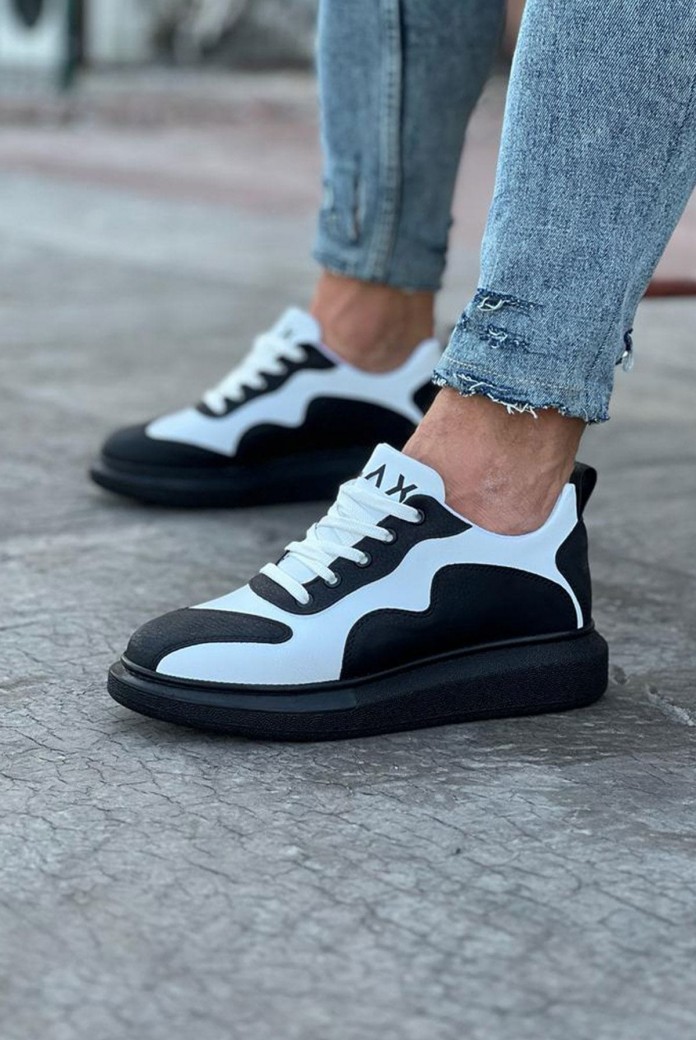 WG301 Erkek Günlük Bağcıklı Cilt Spor Sneaker Ayakkabı CST - Siyah/Beyaz