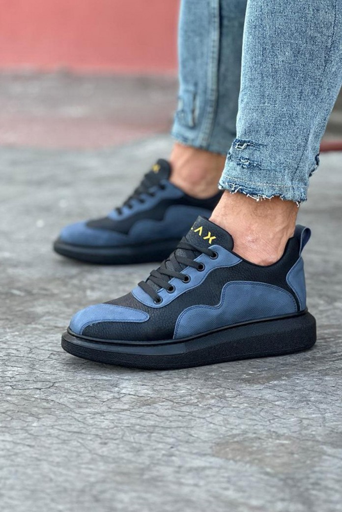 WG301 Erkek Günlük Bağcıklı Cilt Spor Sneaker Ayakkabı CST - Siyah/Mavi