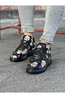 WG501 Erkek Günlük Bağcıklı Kurukafa Baskılı Cilt Spor Sneaker Ayakkabı CST - Siyah