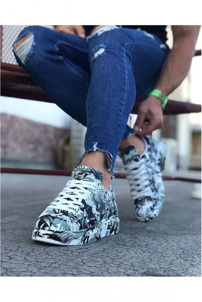 WG501 Erkek Günlük Bağcıklı Siyah Beyaz Boyalı Cilt Spor Sneaker Ayakkabı CRT - Siyah/Beyaz
