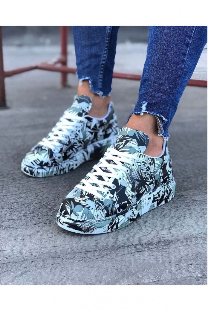 WG501 Erkek Günlük Bağcıklı Siyah Beyaz Boyalı Cilt Spor Sneaker Ayakkabı CRT - Siyah/Beyaz