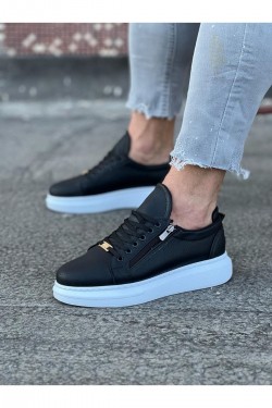 WG504 Erkek Günlük Bağcıklı Fermuarlı Cilt Spor Sneaker Ayakkabı CBT - Siyah