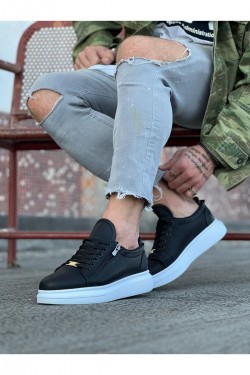 WG504 Erkek Günlük Bağcıklı Fermuarlı Cilt Spor Sneaker Ayakkabı CBT - Siyah
