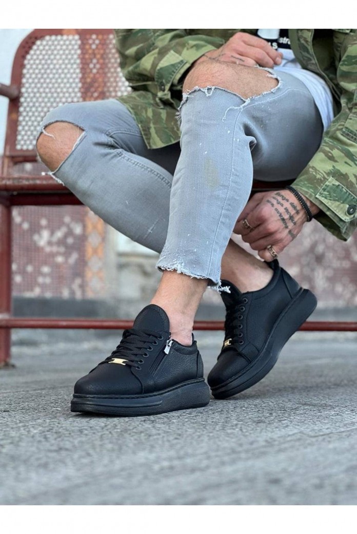 WG504 Erkek Günlük Bağcıklı Fermuarlı Cilt Spor Sneaker Ayakkabı CST - Siyah