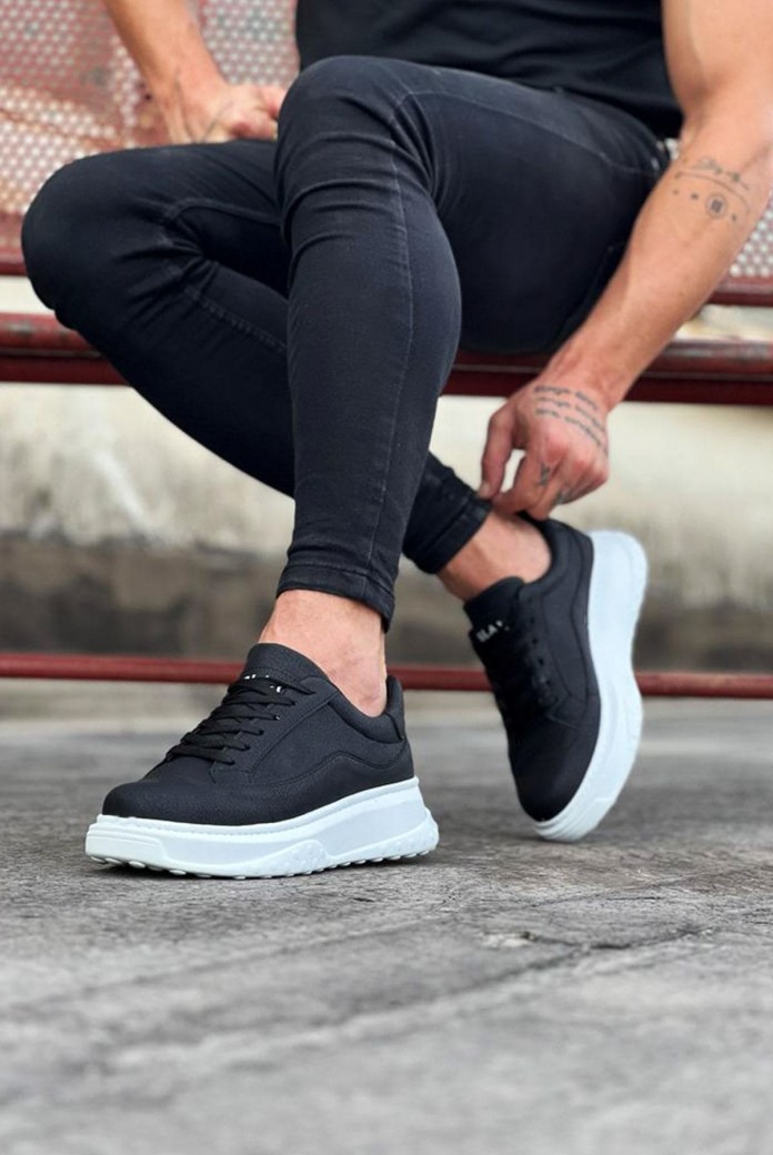 WG507 Erkek Günlük Bağcıklı Cilt Spor Sneaker Ayakkabı CBT - Siyah