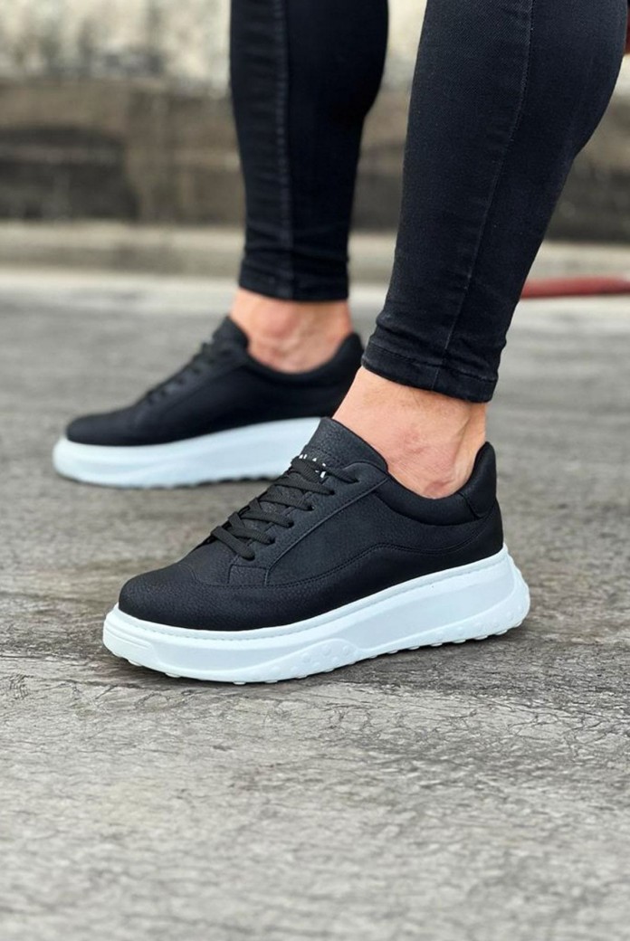 WG507 Erkek Günlük Bağcıklı Cilt Spor Sneaker Ayakkabı CBT - Siyah