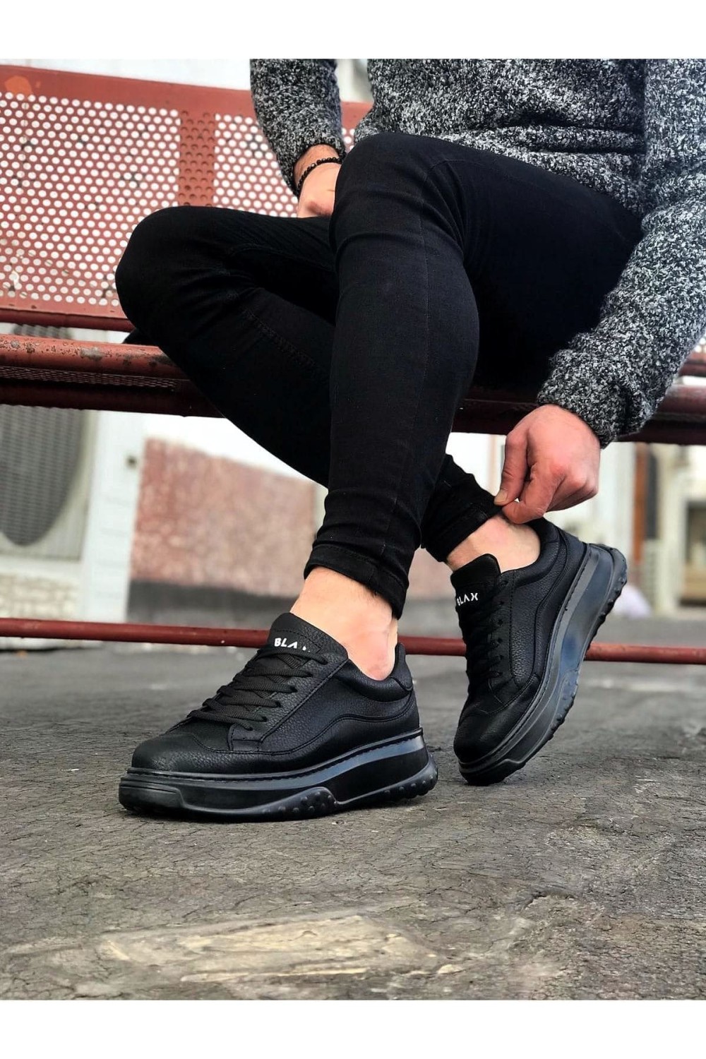 WG507 Erkek Günlük Bağcıklı Cilt Spor Sneaker Ayakkabı CST - Siyah
